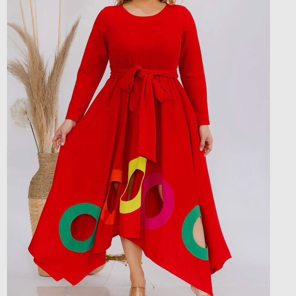 Elegant Red Long-Sleeve A-Line Dress with Colorful Ring Accents
